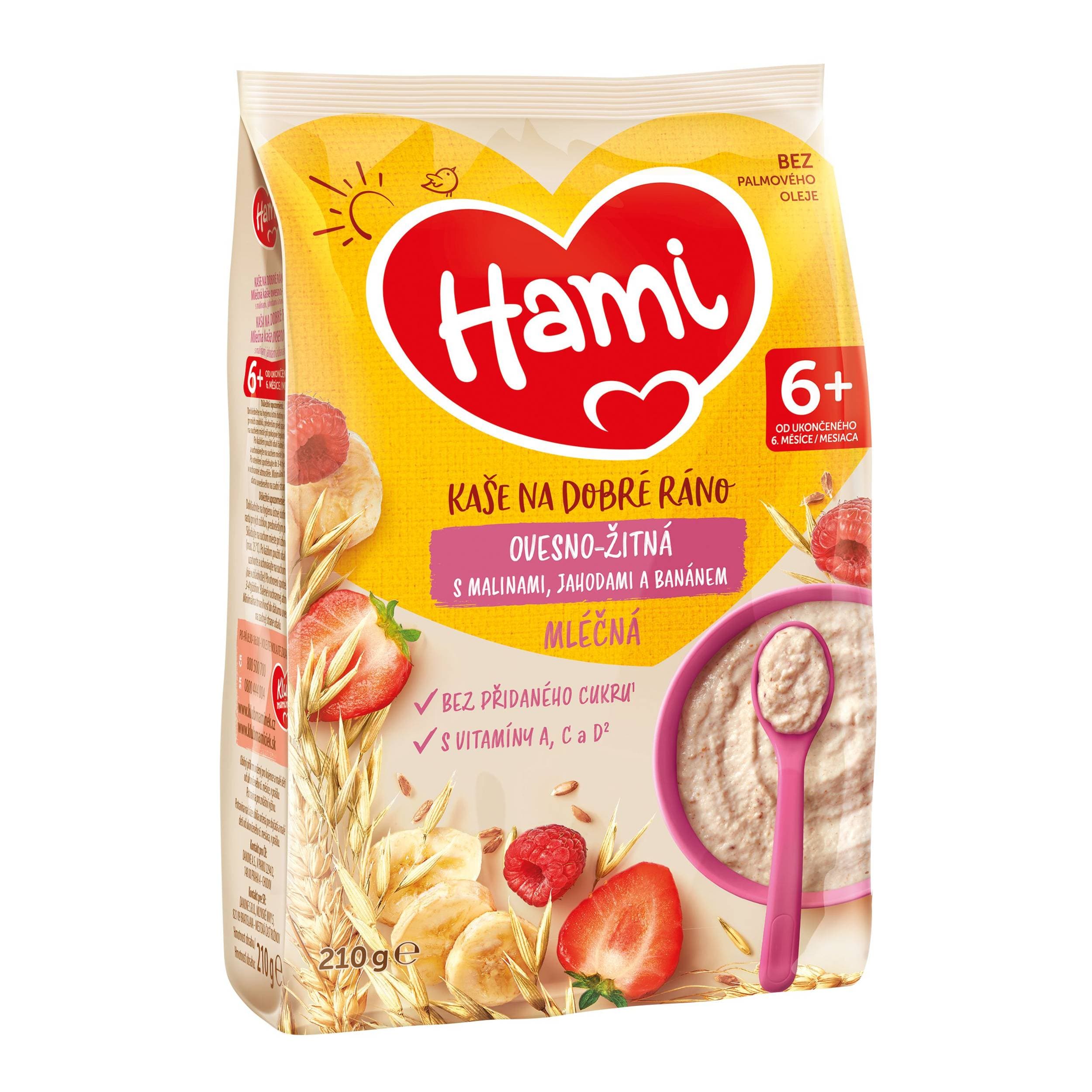 Hami mléčná kaše ovesno-žitná s banánem, jahodami a malinami 6+, 210g