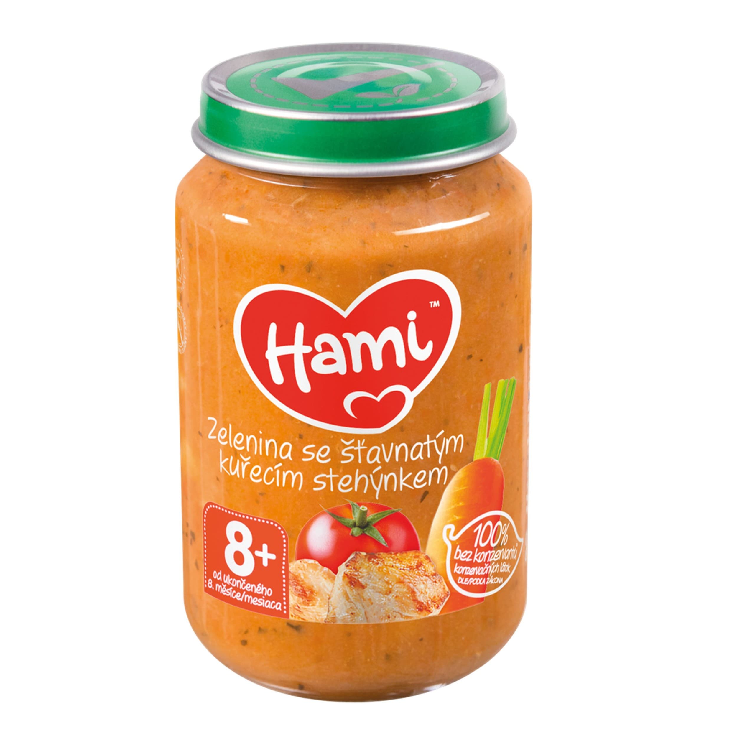 Hami Zelenina se šťavnatým kuřecím stehýnkem masozeleninový příkrm od uk. 8. měsíce 200g