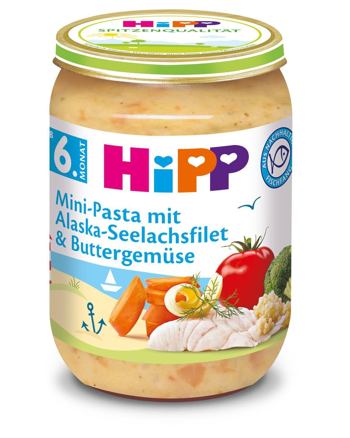 HiPP Mini těstoviny s aljašskou treskou v máslové zelenině 190 g