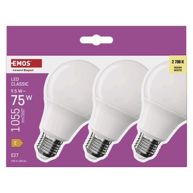 Emos LED CLS A60 9,5W(75W) 1055lm E27 WW 3PC