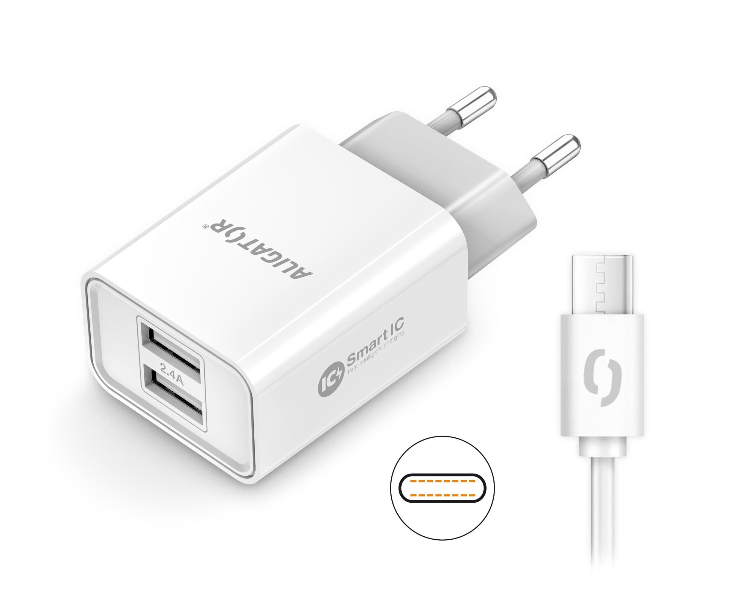 Aligator Chytrá síťová nabíječka 2.4A, 2xUSB, smart IC, bílá, USB-C kabel 2A
