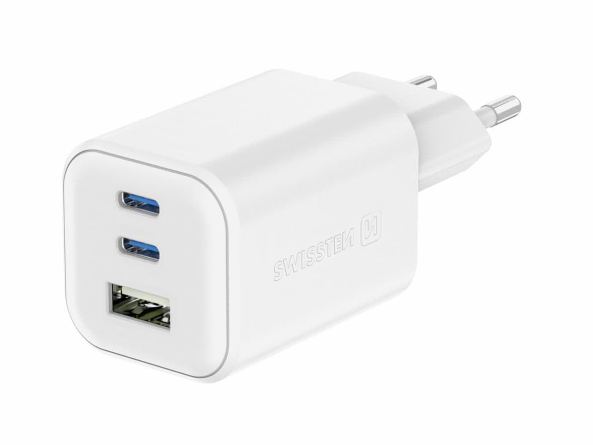 Swissten Adaptér GaN 2x USB-C 65W PD + 1x USB-A 18W QC bílý