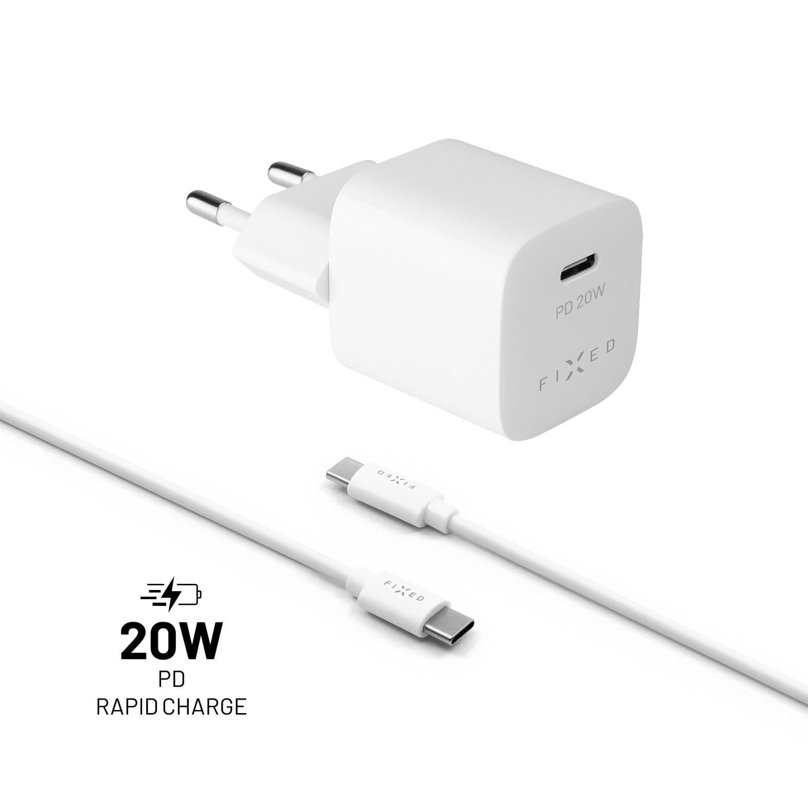 Set síťové nabíječky FIXED Mini s USB-C výstupem a USB-C/USB-C kabelu 1 metr bílý