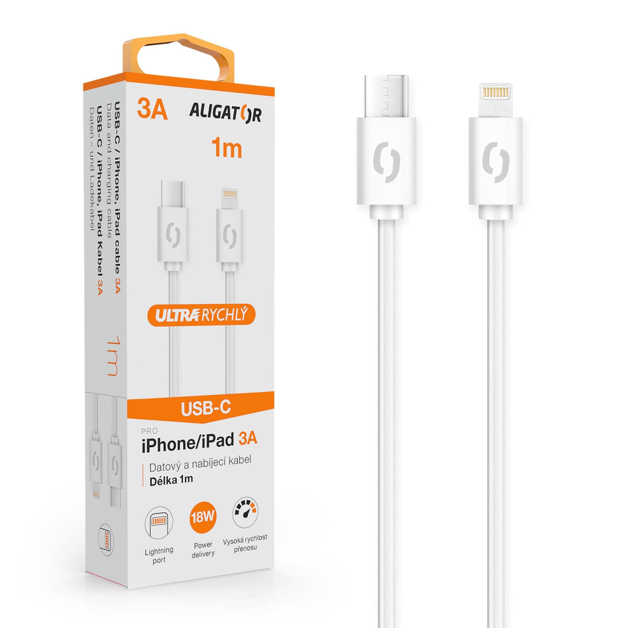 Datový kabel Aligator POWER 3A USB-C/lightning bílý