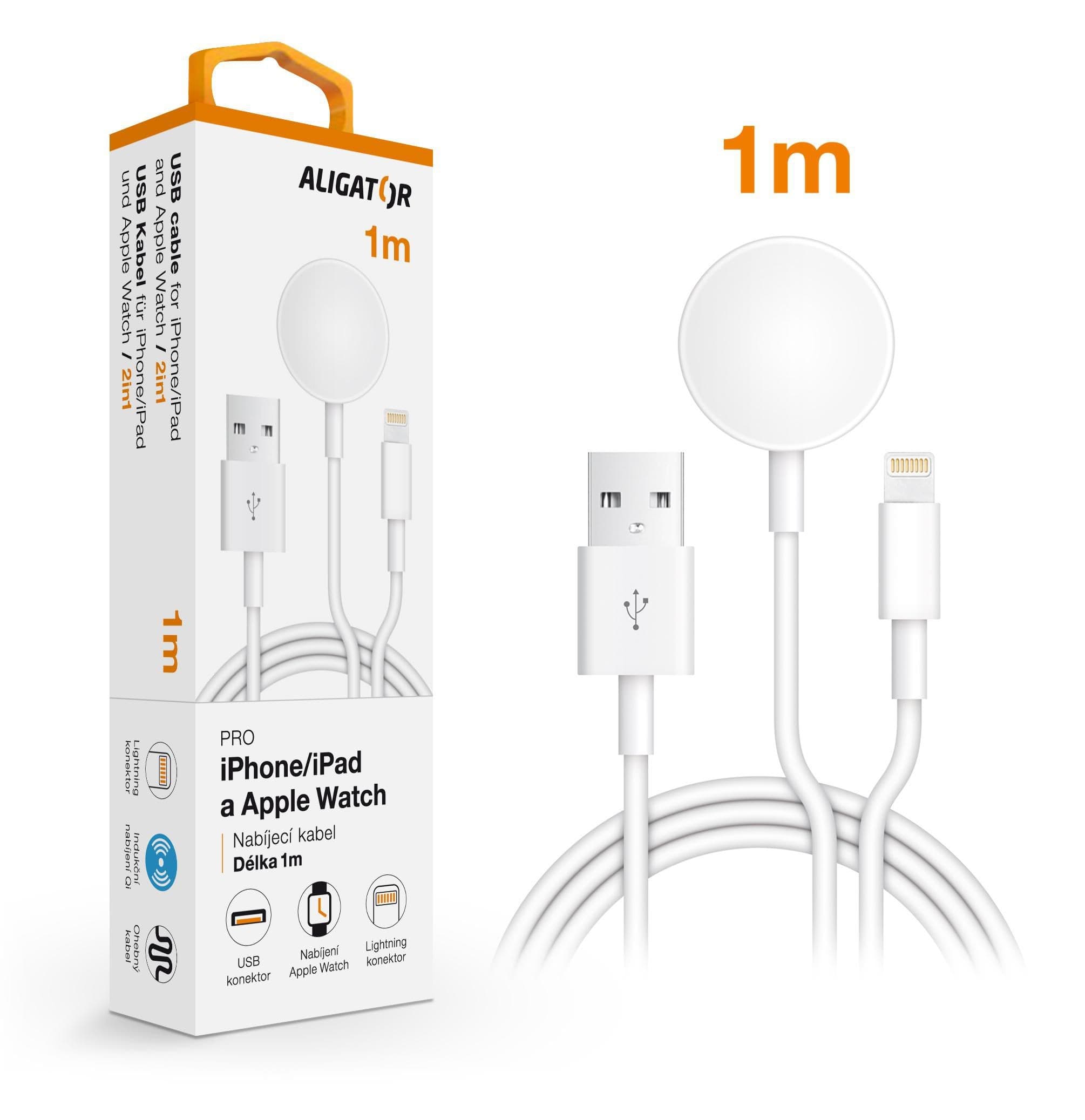 Aligator Nabíjecí kabel pro iPhone/iPad a Apple Watch 2v1 bílý