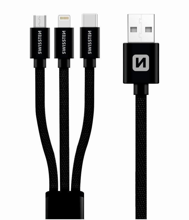 Swissten Datový kabel TEXTILE 3in1 MFi 1,2 M černý