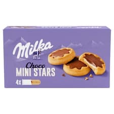Milka Choco Mini Stars sušenky s mléčnou náplní a čokoládou z alpského mléka 150 g