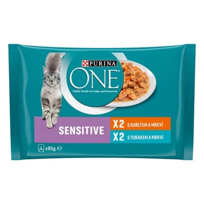 Purina ONE Sensitive kapsičky pro kočky kuře, tuňák ve šťávě 4x85g