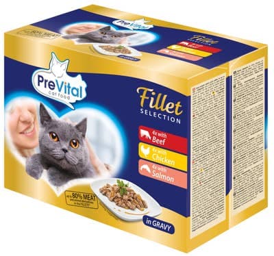 PreVital Dušené filetky hovězí, kuřecí a losos v omáčce 12x85g 1.02 kg