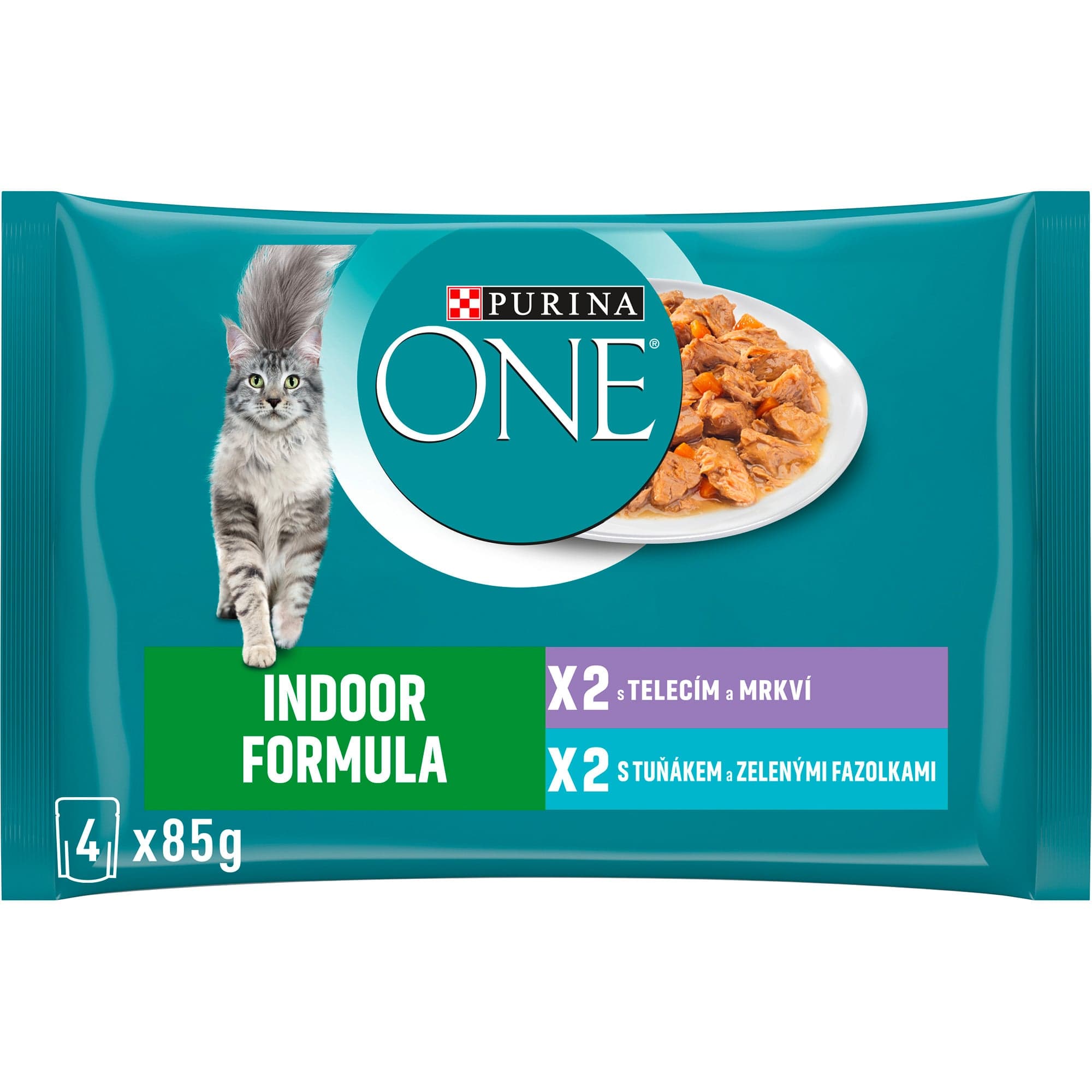 Purina ONE Indoor kapsičky pro kočky tuňák, telecí ve šťávě 4×85 g