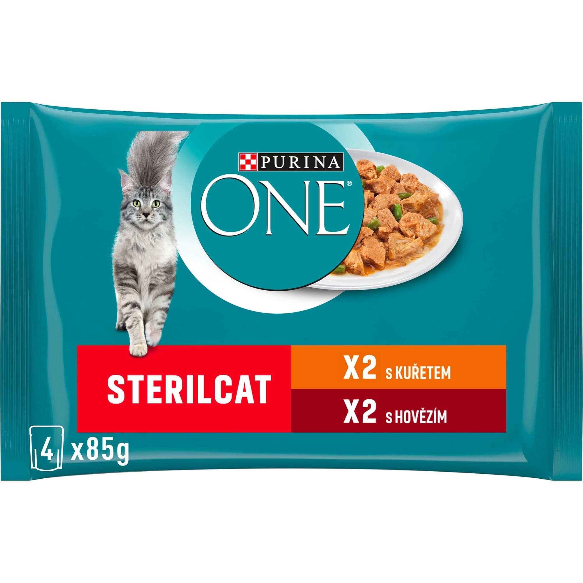 Purina ONE Sterilised kapsičky pro kočky kuře, hovězí ve šťávě 4×85 g