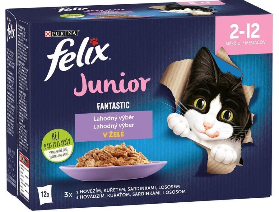 Felix Fantastic Junior kapsičky pro koťata hovězí, kuře, sardinky, losos v želé 12×85 g