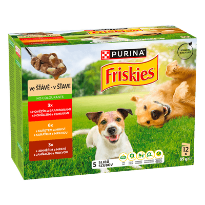 Friskies Adult kapsičky pro psy hovězí, kuře, jehněčí ve šťávě 12x85g