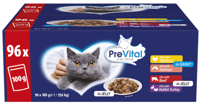 PreVital kapsičky pro kočky, maso, losos omáčka, želé 96x100g