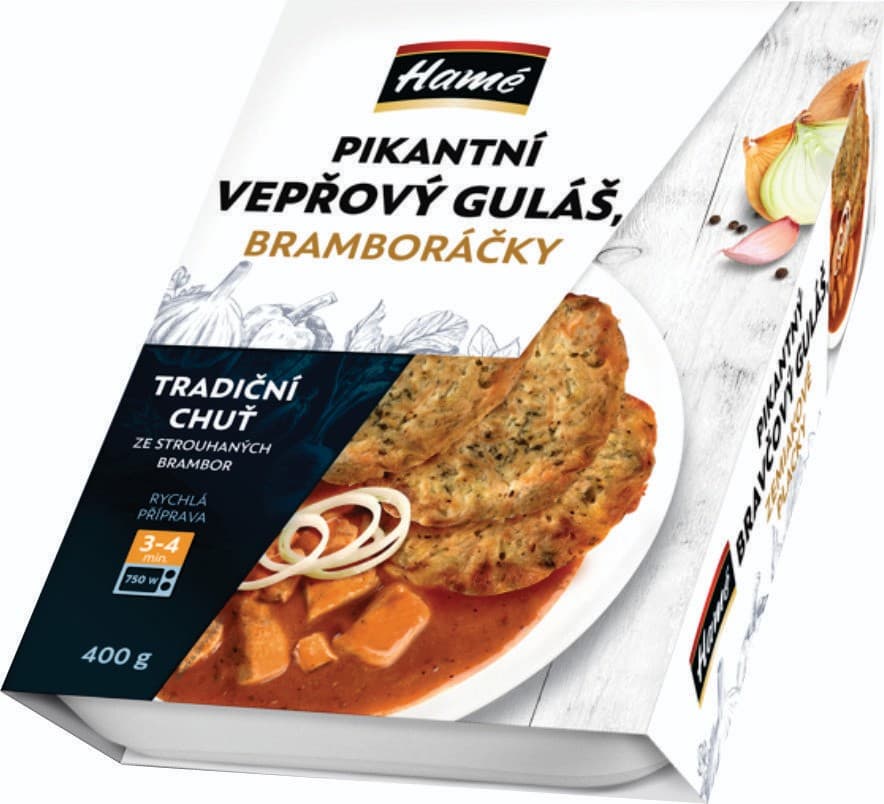 Hamé Pikantní vepřový guláš s bramboráčky 400g