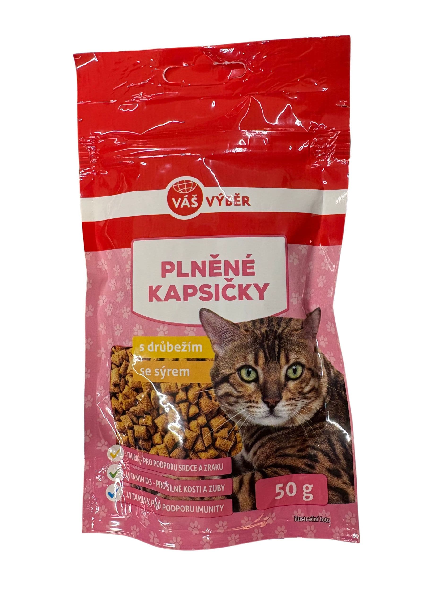 Váš Výběr Plněné kapsičky s drůbežím & sýrem pamlsek pro kočky 50 g