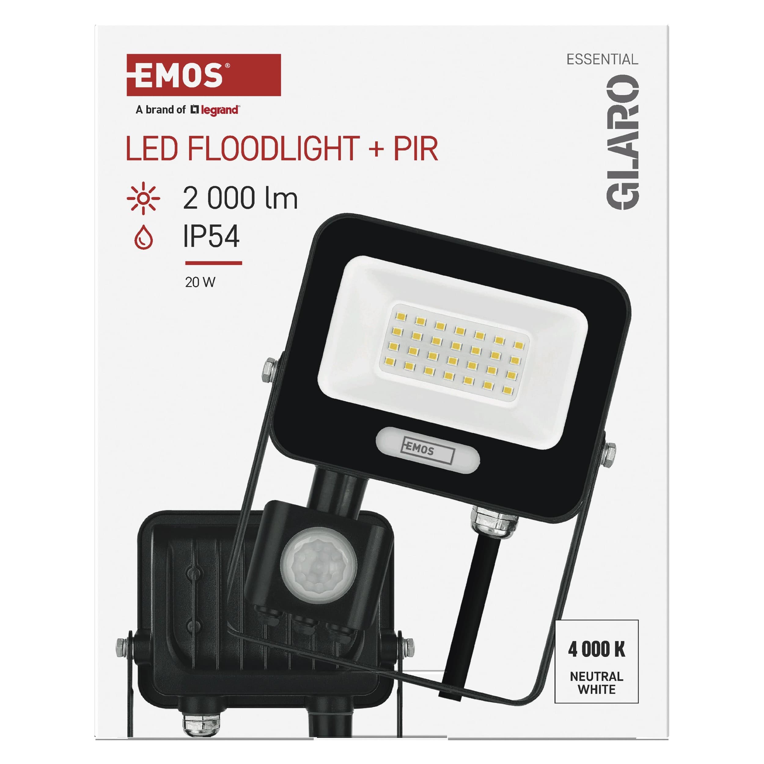 EMOS LED reflektor GLARO s pohybovým čidlem, 20 W, černý, IP54, 2000 lm, neutrální bílá