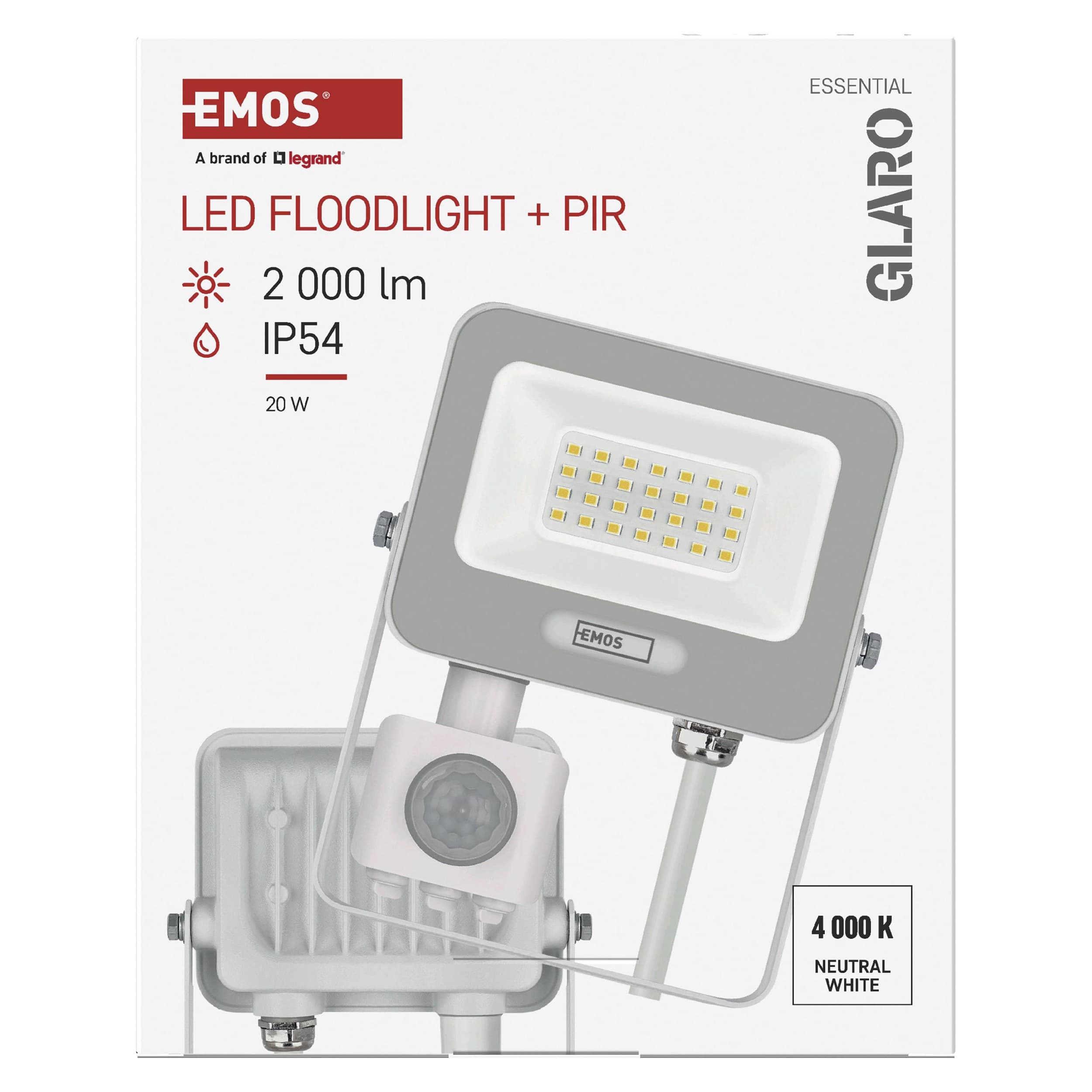 EMOS LED reflektor GLARO s pohybovým čidlem, 20 W, bílý, IP54, 2000 lm, neutrální bílá