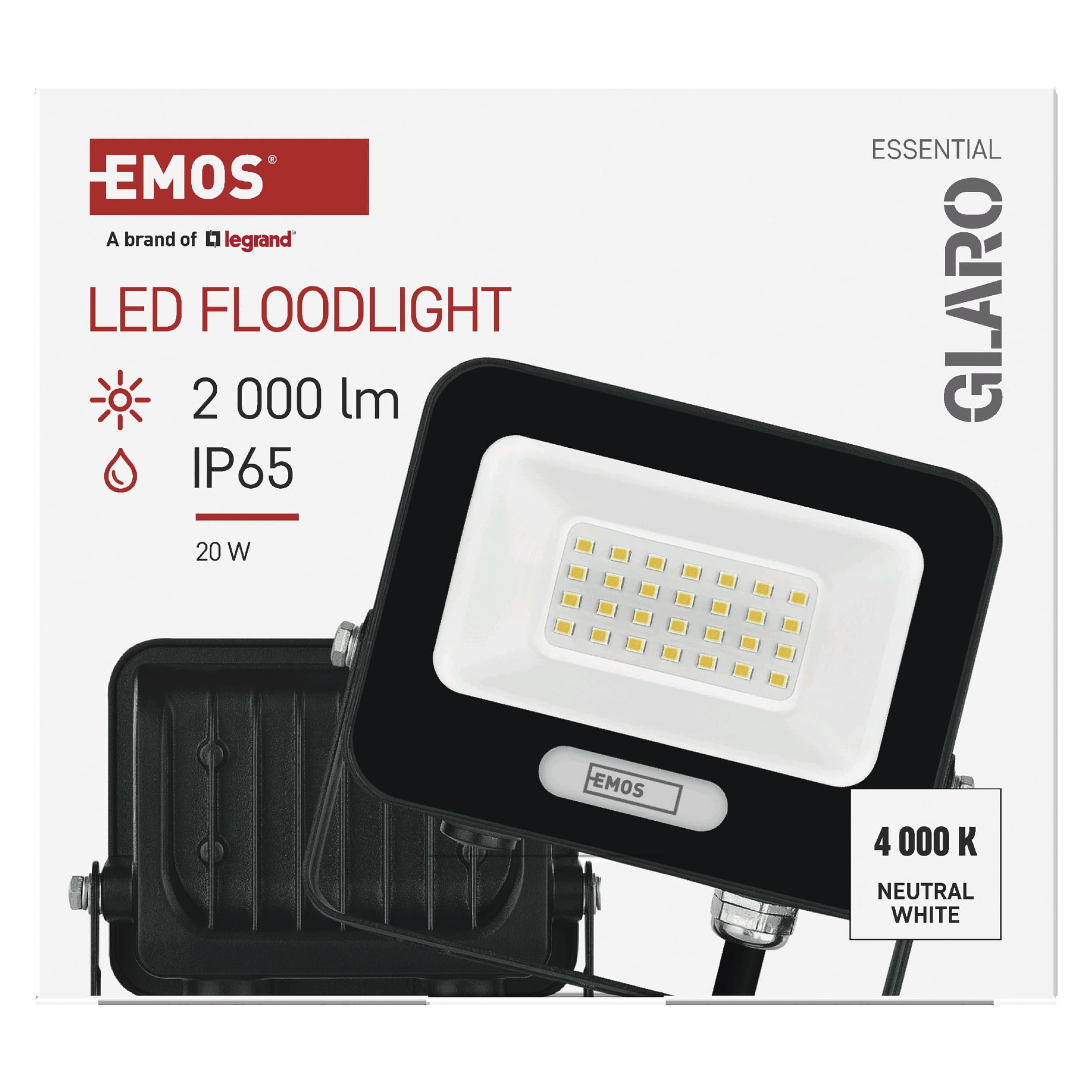 EMOS LED reflektor GLARO 20W, černý, IP65, 2000 lm, neutrální bílá