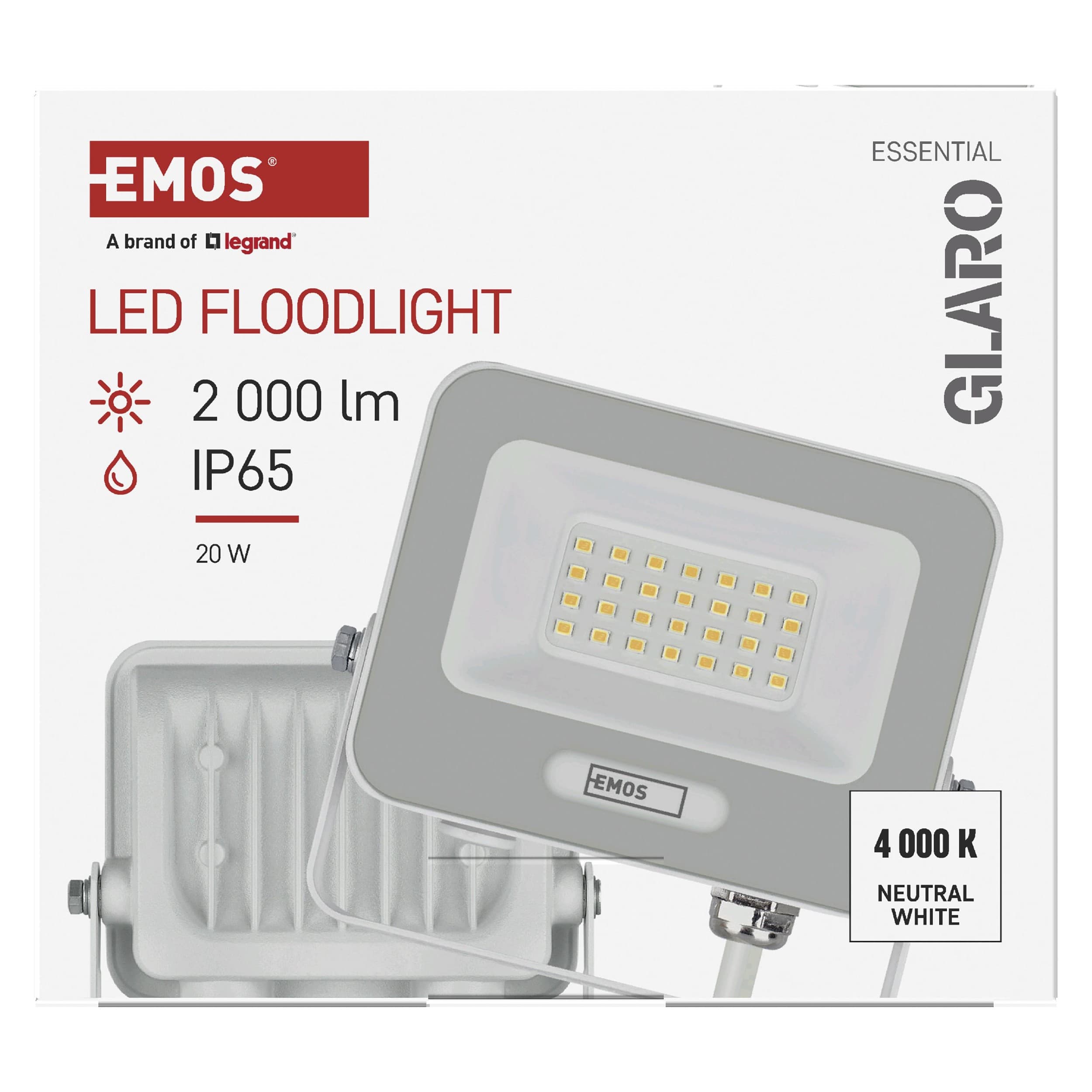 EMOS LED reflektor GLARO 20W, bílý, IP65, 2000 lm, neutrální bílá