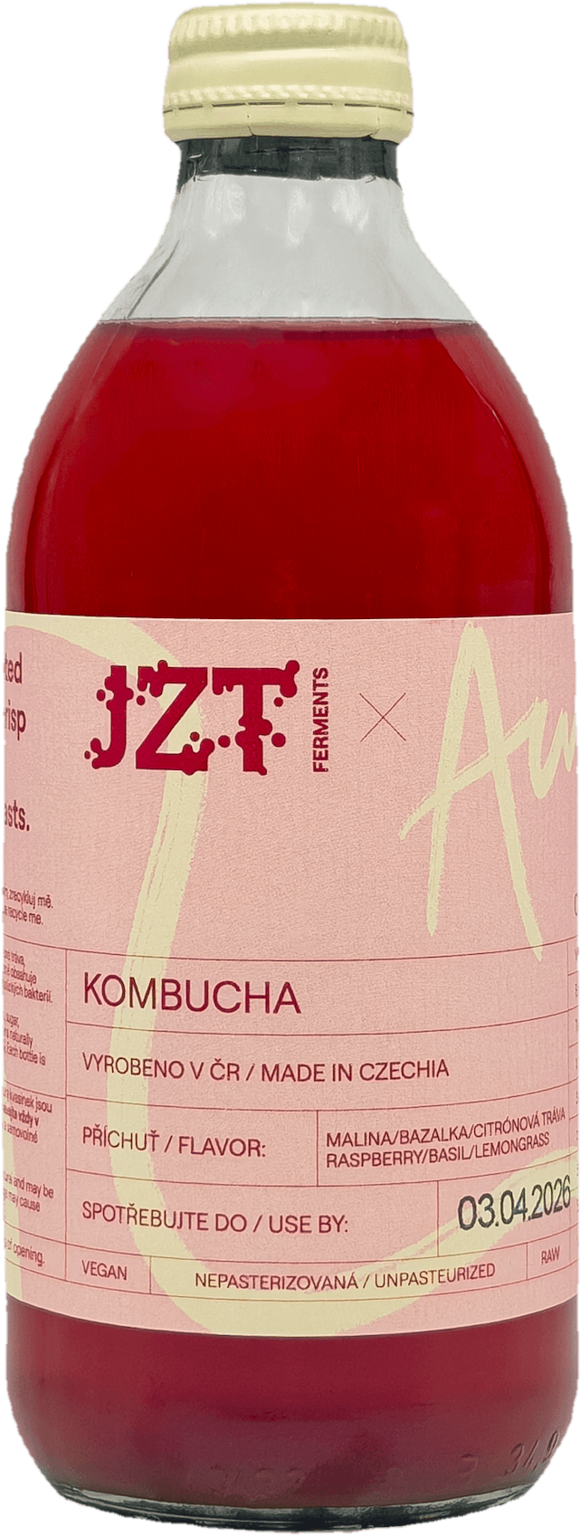 JZT Ferments Kombucha x Aura Malina, bazalka a citronová tráva 330 ml