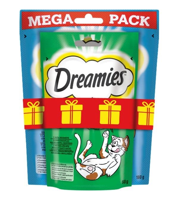 Vánoční balíček obsahuje Dreamies s lososem 180g+ Catnip 60g
