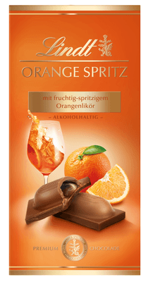 Lindt Orange Spritz jemná čokoláda s osvěžující náplní z pomerančového likéru