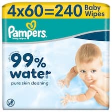 Pampers 99 % Vody Dětské Čisticí Ubrousky 4 Balení 60 Ubrousků = 240 Dětských Čisticích Ubrousků