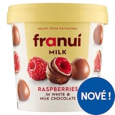 franuí Zmrazené maliny s polevou z bílé čokolády a mléčné čokolády 150g
