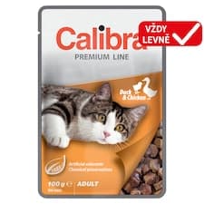 Calibra Premium Line kompletní krmivo pro dospělé kočky s kachním a kuřecím v omáčce 100g