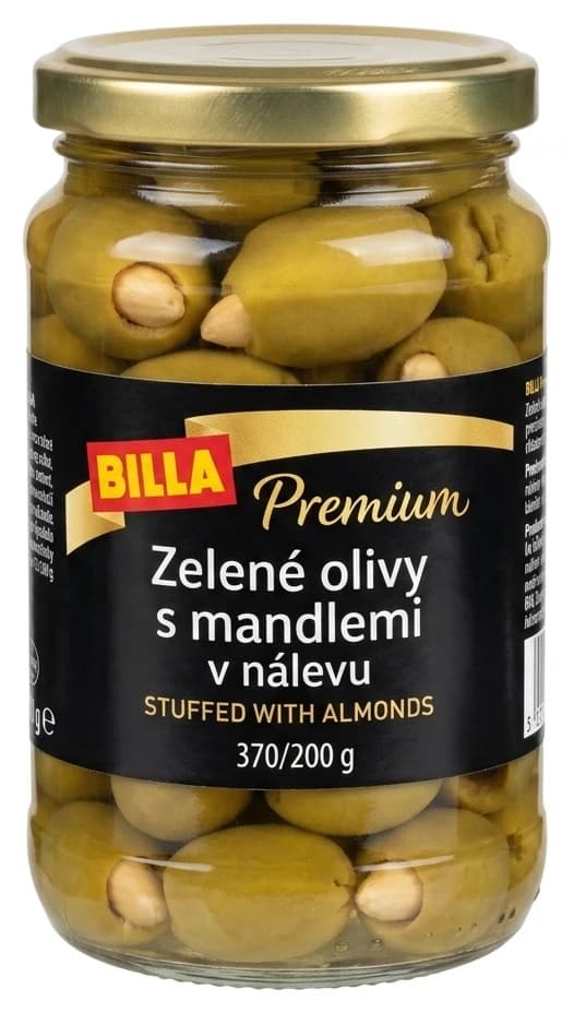 BILLA Premium Zelené olivy s mandlemi v nálevu