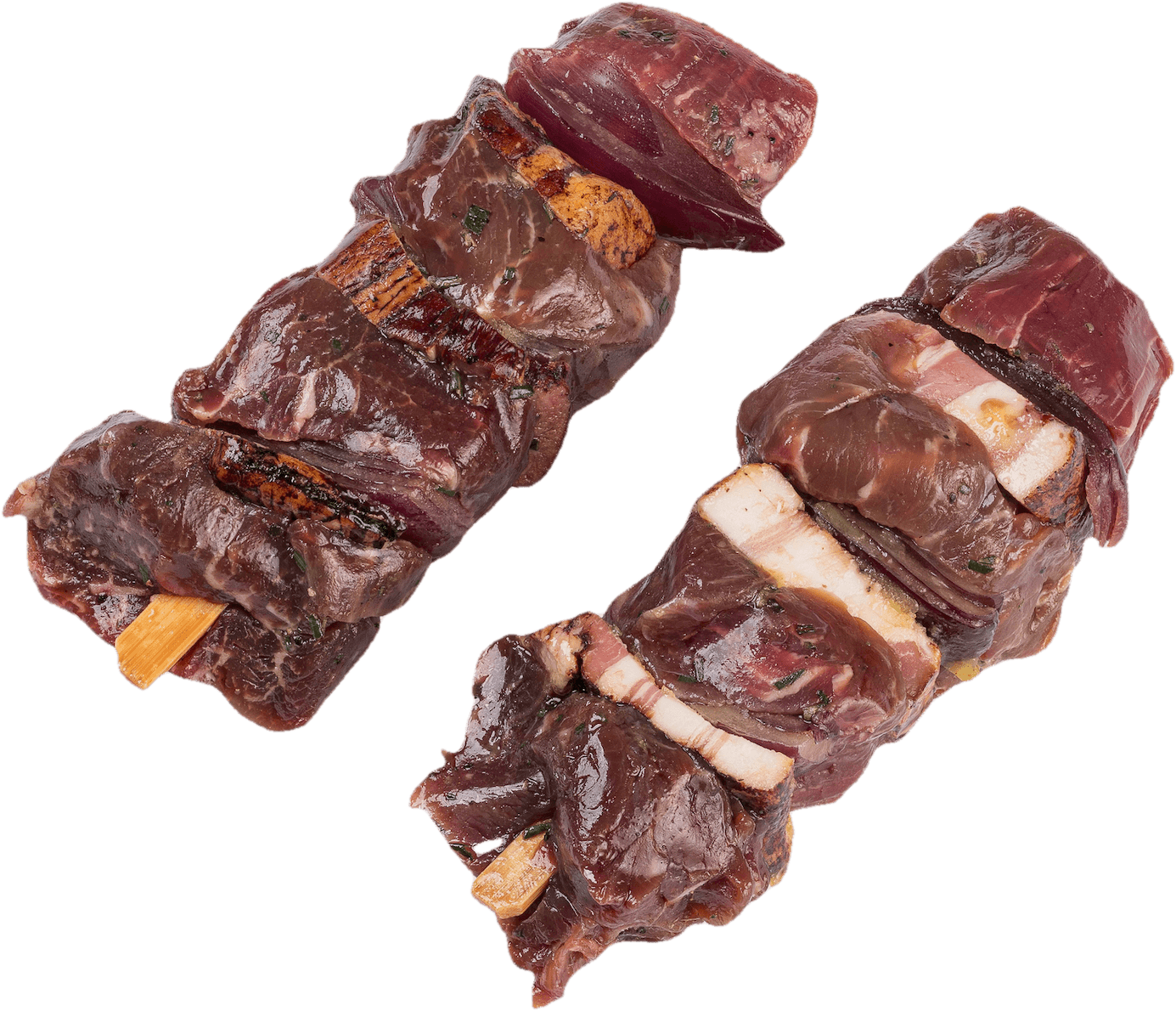 Naše maso Hovězí špíz s anglickou slaninou, červenou cibulí a fermentovaným pepřem cca 400 g