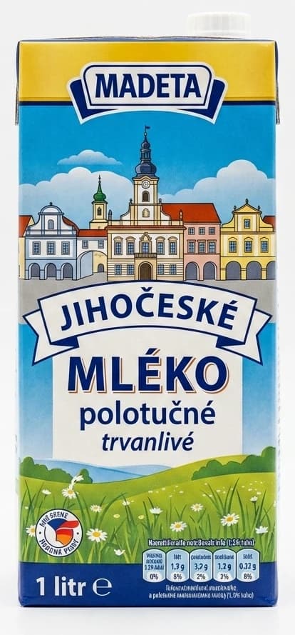 Trvanlivé jihočeské mléko Madeta polotučné 1,5% tuku