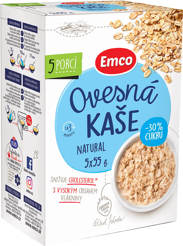 Emco Ovesná kaše natural s -30 % cukru 5x55 g