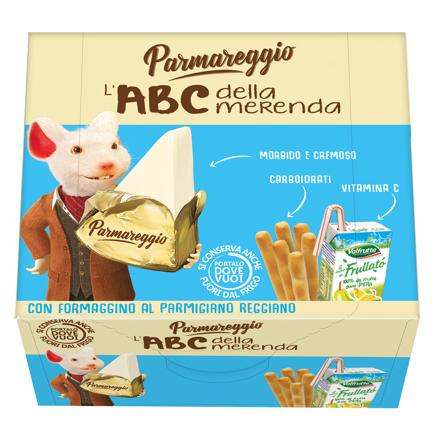 Parmareggio L'ABC Snack Tavený sýr, tyčinky a ovocný nápoj