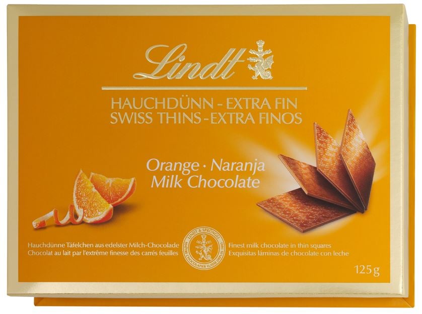 Lindt Thins Orange Mléčná čokoláda s příchutí pomeranče