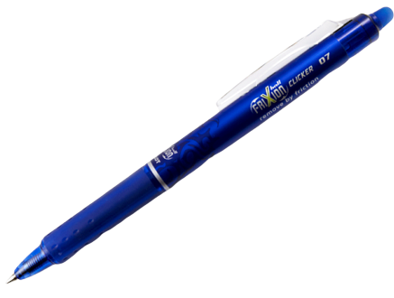 Pilot FriXion Clicker 07, modrý gelový gumovací roller, šířka stopy 0,35 mm, šířka hrotu 0,7 mm