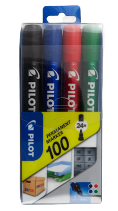 Pilot 100, kulatý permanentní popisovač, 4 barvy, šířka stopy 1 mm, šířka hrotu 4,5 mm
