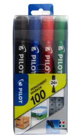 Pilot 100, kulatý permanentní popisovač, 4 barvy, šířka stopy 1 mm, šířka hrotu 4,5 mm