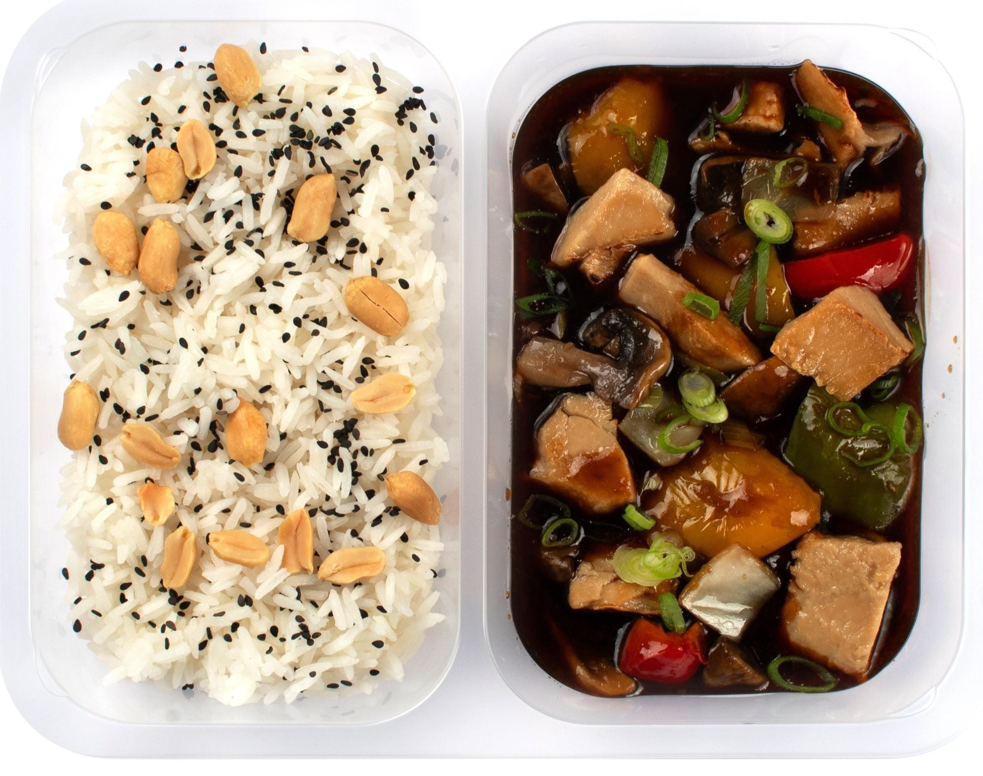 Cibule Bistro #rostlinně Kung Pao, jasmínová rýže, arašídy, sezam
