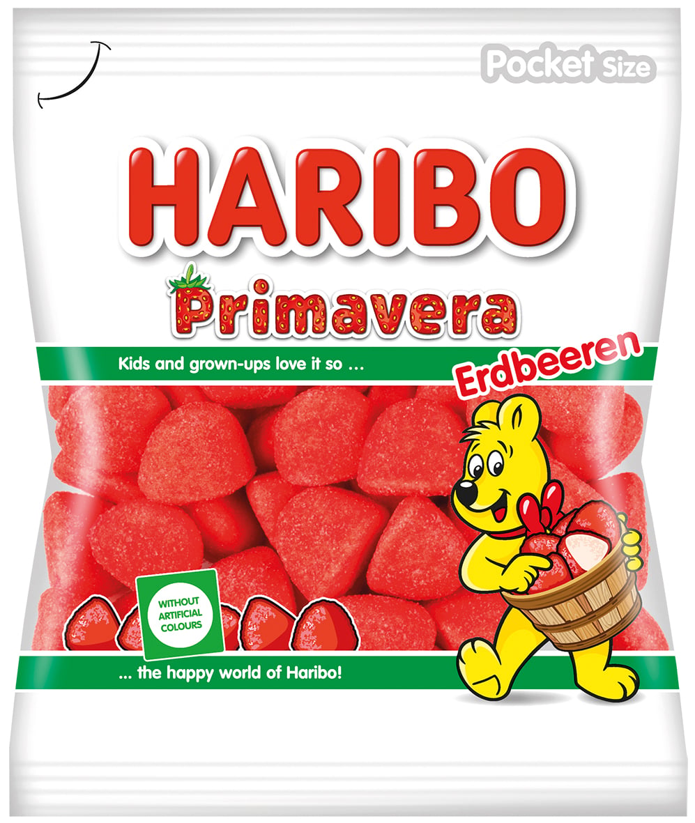 Haribo Primavera Erdbeeren Bonbóny ve tvaru jahod s marshmallow příchutí