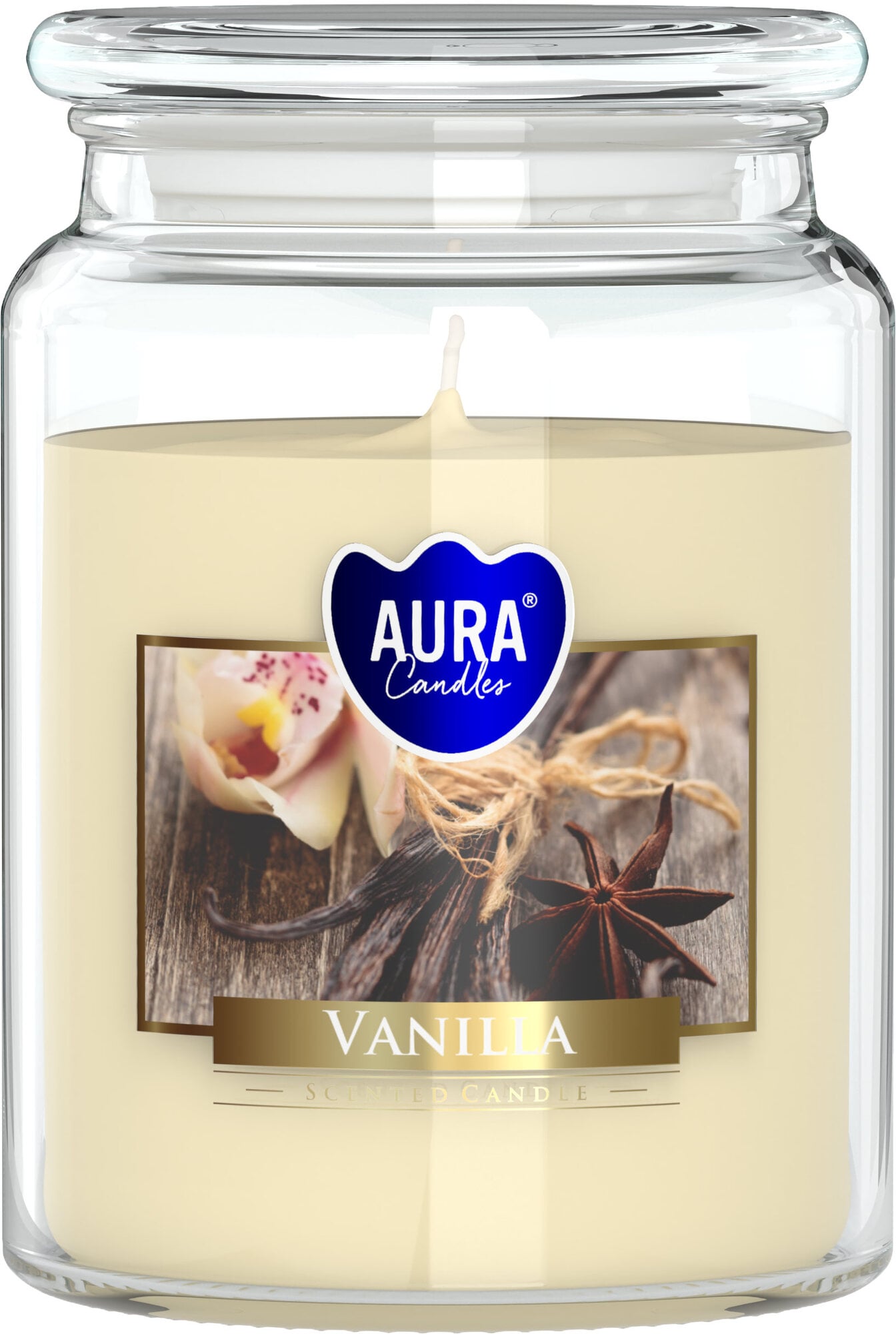 Aura Candles Vanilka velká vonná svíčka ve skle s víčkem