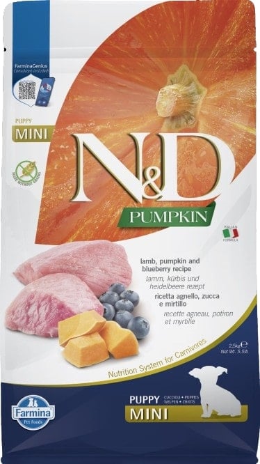 N&D Pumpkin granule pro štěňata malých plemen s jehněčím, dýní a borůvkami