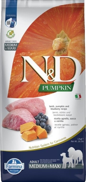 N&D Pumpkin granule pro psy středních a velkých plemen s jehněčím, dýní a borůvkami