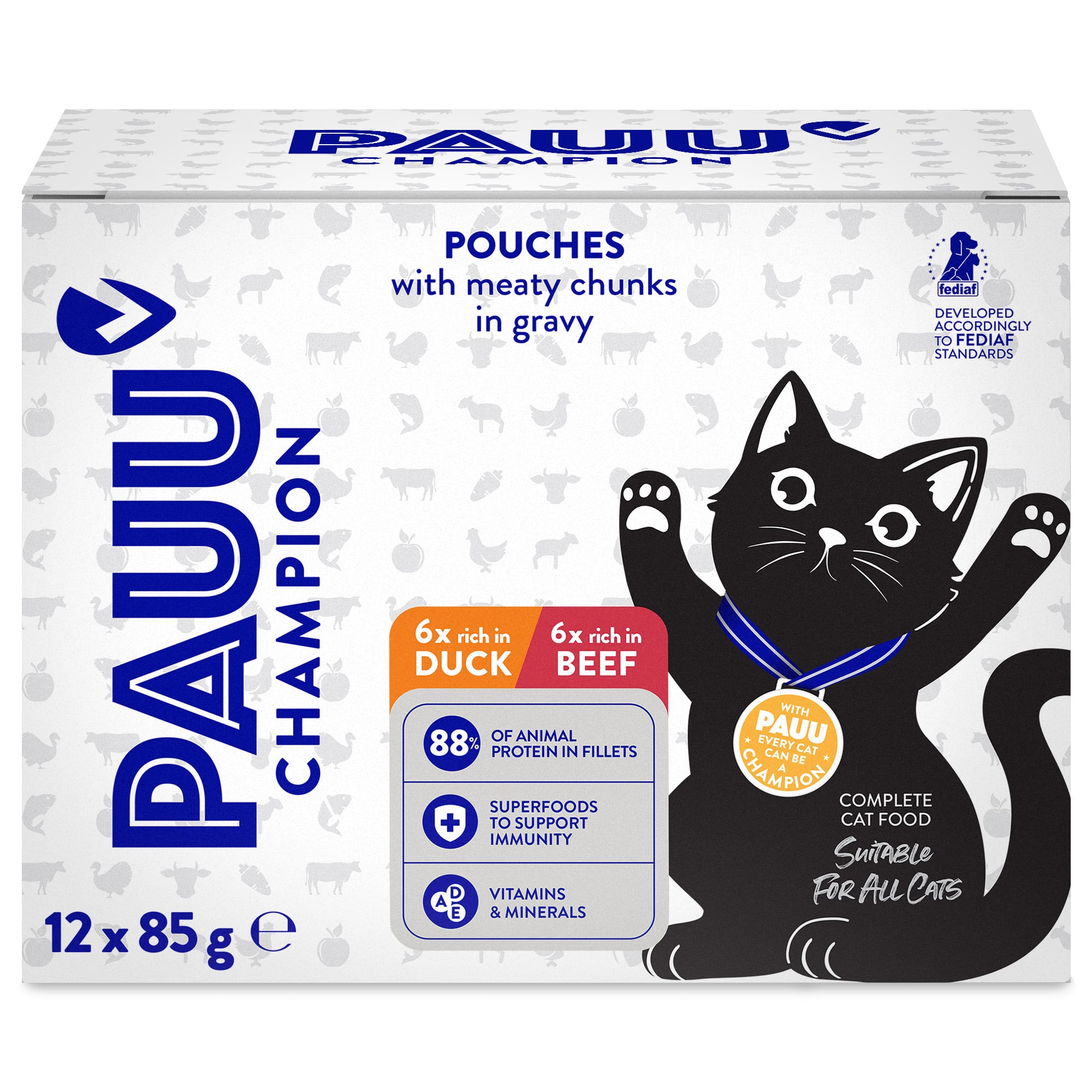 Pauu Champion Bezobilné kapsičky s hovězím a kachním pro kočky (12×85 g)