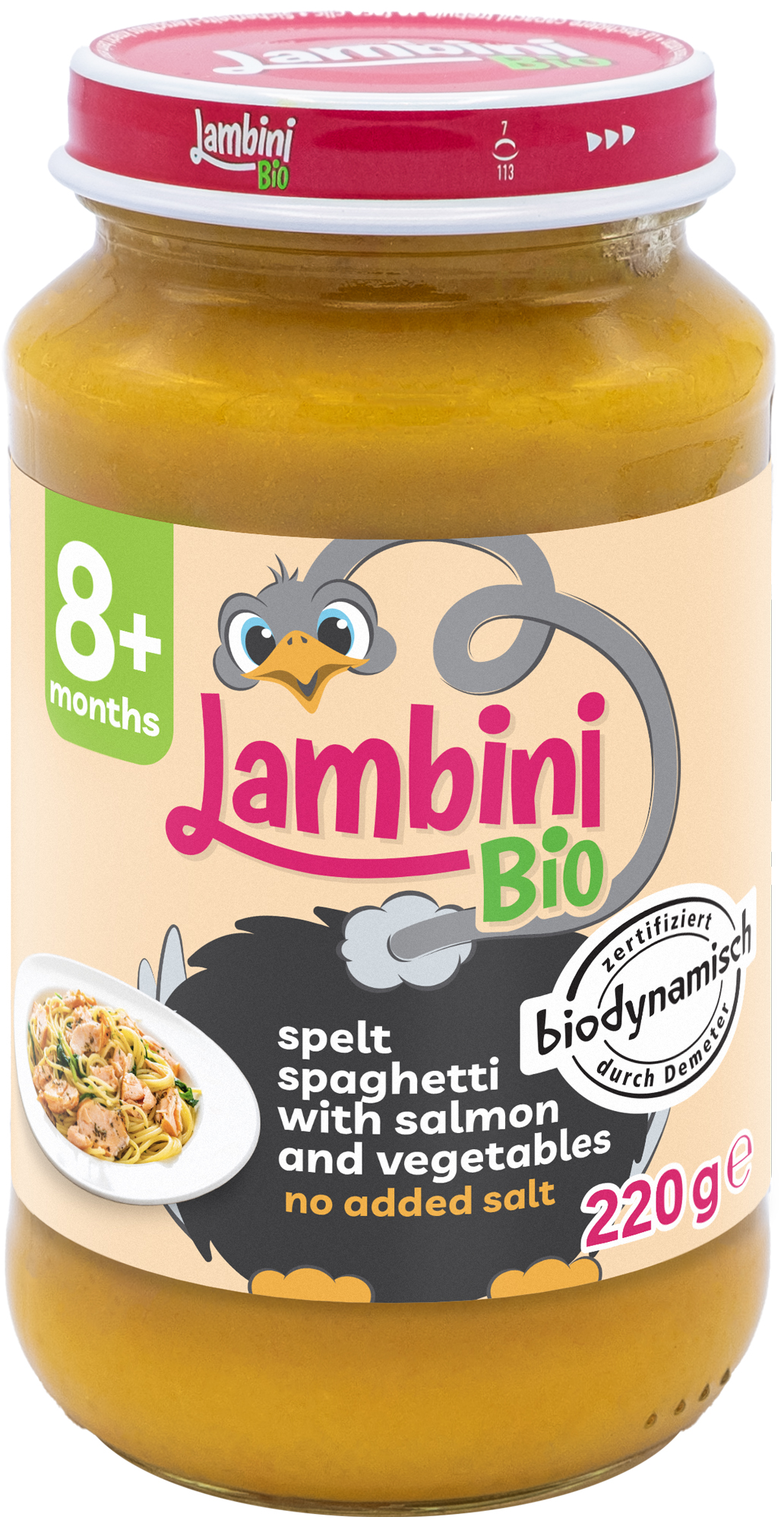 Lambini BIO Demeter příkrm špaldové špagety, zelenina a losos