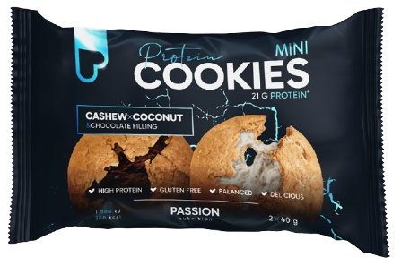 Passion Nutrition Plněné proteinové pečené cookies s kešu a kokosem s bílou a tmavou čokoládovou náplní