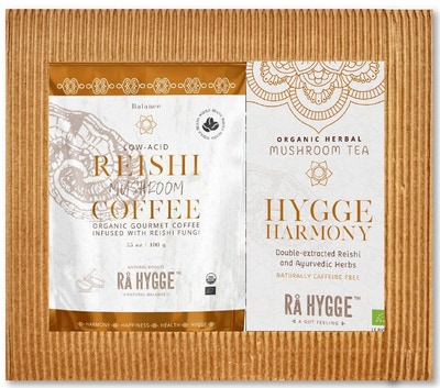 Rå Hygge BIO dárkový balíček REISHI zrnková káva a Harmony bylinný čaj