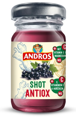 Andros shot Antiox nápoj z černého rybízu a zázvoru