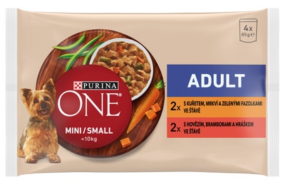 Purina ONE Mini Dog Adult kapsičky pro psy kuře, hovězí ve šťávě 4x85g